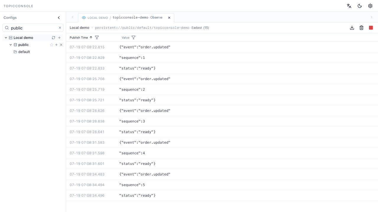 TopicConsole browsing topics and inspecting Pulsar messages